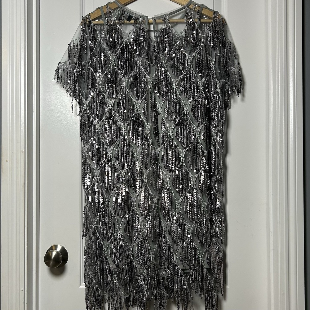 Lulus On the Dance Floor Grey Sequin Fringe Short Sleeve Party Disco Shift Dress - Picture 2 of 2